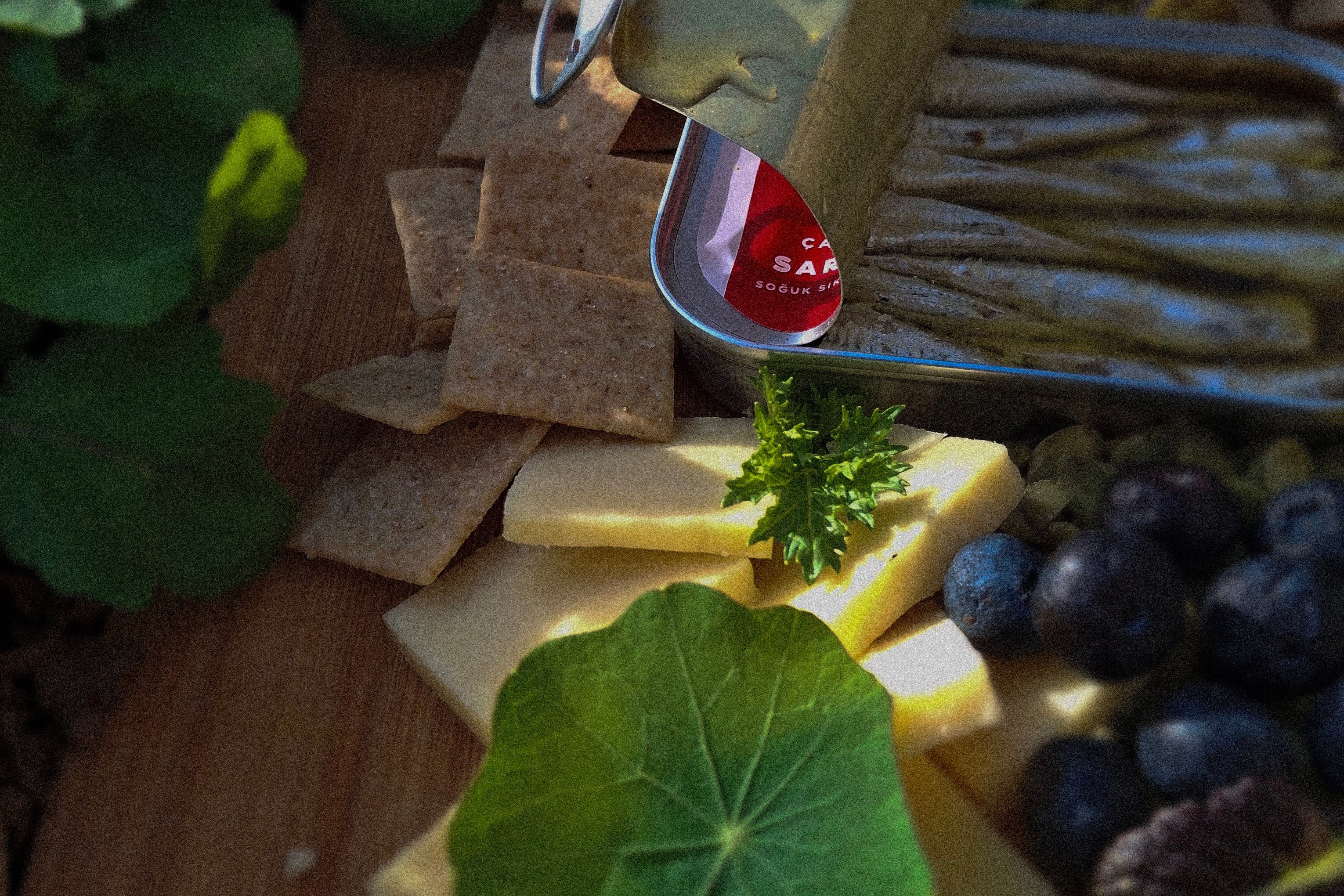 Grazing board with various cheeses, crackers, and fruits on a wooden board with freshly harvested garden greens.